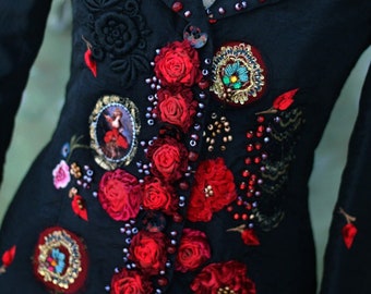 boho artsy jacket  &quot;Victorian&roses &quot; embroidered details, black  and red jacket, Victorian inpired small jacket