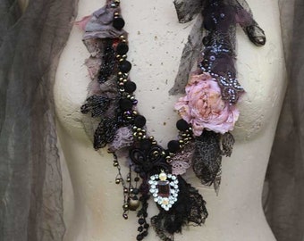 long brocante necklace FleurBoheme-  original boho chic  hand stitched  long garland  necklace from vintage/antique trims