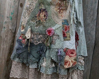 boho romantic skirt "Barocco"  with floral appliques, layered  vintage laces, layereds gypsy hippy skirt