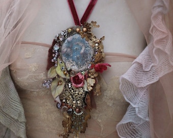 embroidered ornate pendant necklace/brooch “Antique& cameo&quot; mixed media, antique  vintage trims and lace, embroidered and beaded brooch,
