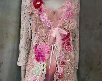 boho artsy lace jacket "Glittery roses"  vintage trims, embroidered details, knit jacket cotton gold thread, boho gypsy