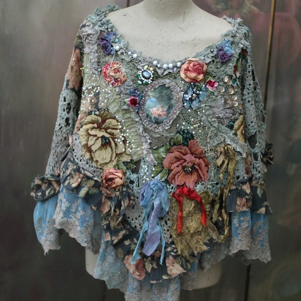 artsy ornate boho poncho/shrug "Antique tapestry", cotton crochet, vintage laces, appliques, crystals, embroidery