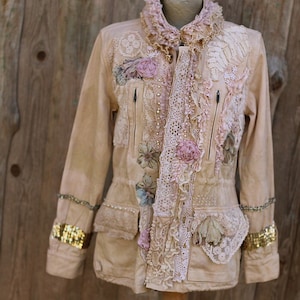 FleursBoheme artsy boho jacket Vintage collage hand dyed romantic altered couture, whimsy reworked jacket, gypsy romantic, embroidered image 2