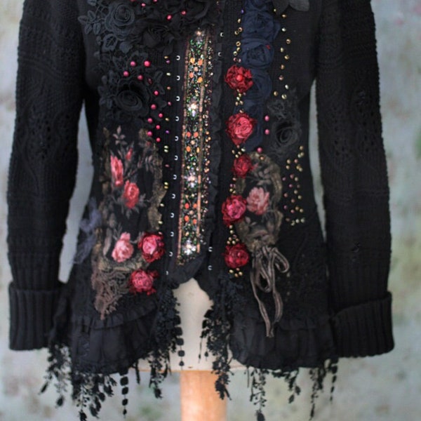 boho artsy jacket  Victorian&roses"   embroidered details, black  jacket, boho gypsy red jacket