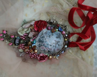 embroidered ornate pendant necklace/brooch “Antique& cameo&quot; mixed media, antique  vintage trims and lace, embroidered and beaded brooch,