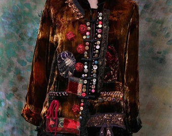 artsy boho silk velvet jacket "Gypsy girl " romantic hippy jacket, vintage repurposed materials, gypsy art  altered couture