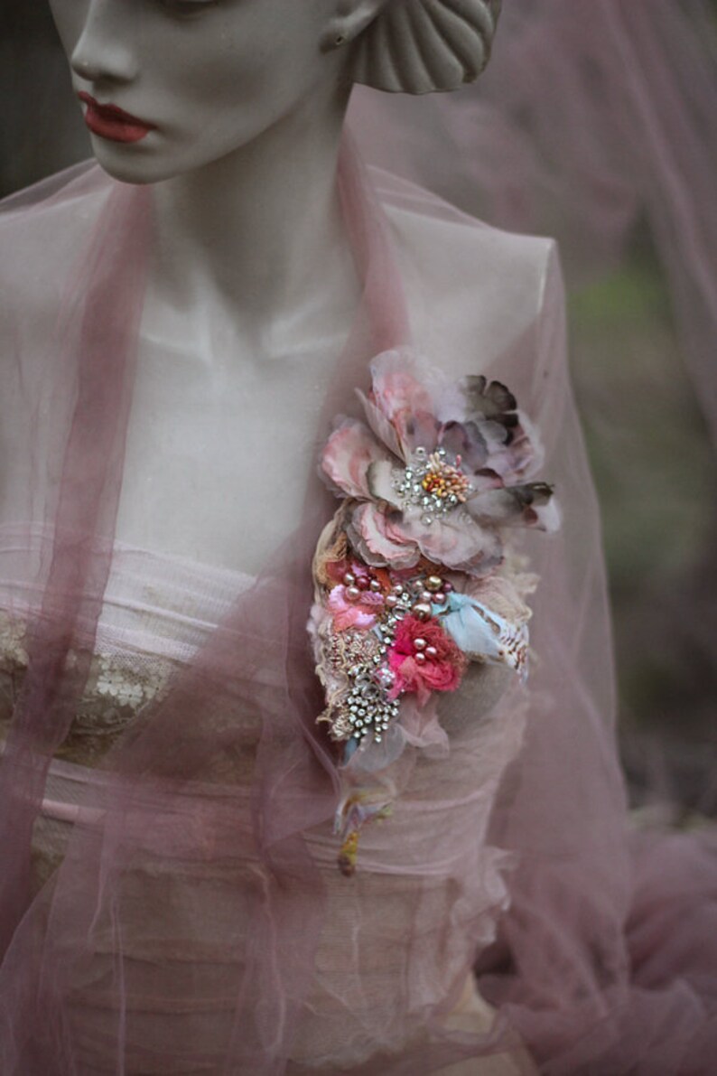 Vintage Peony corsage gift for her vintage lace mixed media embroidered and beaded brooch bold ornate brooch hand dyed silk