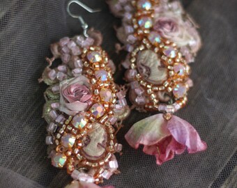 embroidered beaded lace earrings "Baroquish"- bold lightweight romantic bohemian earrings, hand beaded, boho romantic,
