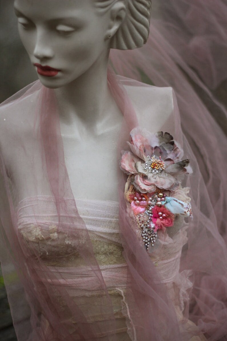 Vintage Peony corsage gift for her vintage lace mixed media embroidered and beaded brooch bold ornate brooch hand dyed silk