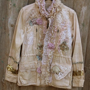 FleursBoheme artsy boho jacket Vintage collage hand dyed romantic altered couture, whimsy reworked jacket, gypsy romantic, embroidered image 6