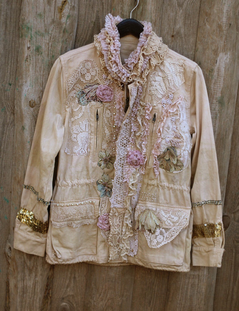 FleursBoheme artsy boho jacket Vintage collage hand dyed romantic altered couture, whimsy reworked jacket, gypsy romantic, embroidered image 6