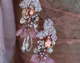 Hand Beaded Lace Earrings: Bohemian Baroque Crystal Pearl Flowers