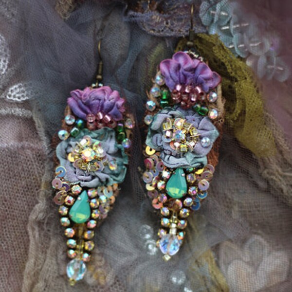 long dangle earrings, boho chic "Spring petals"  bold lightweight romantic bohemian earrings, hand beaded