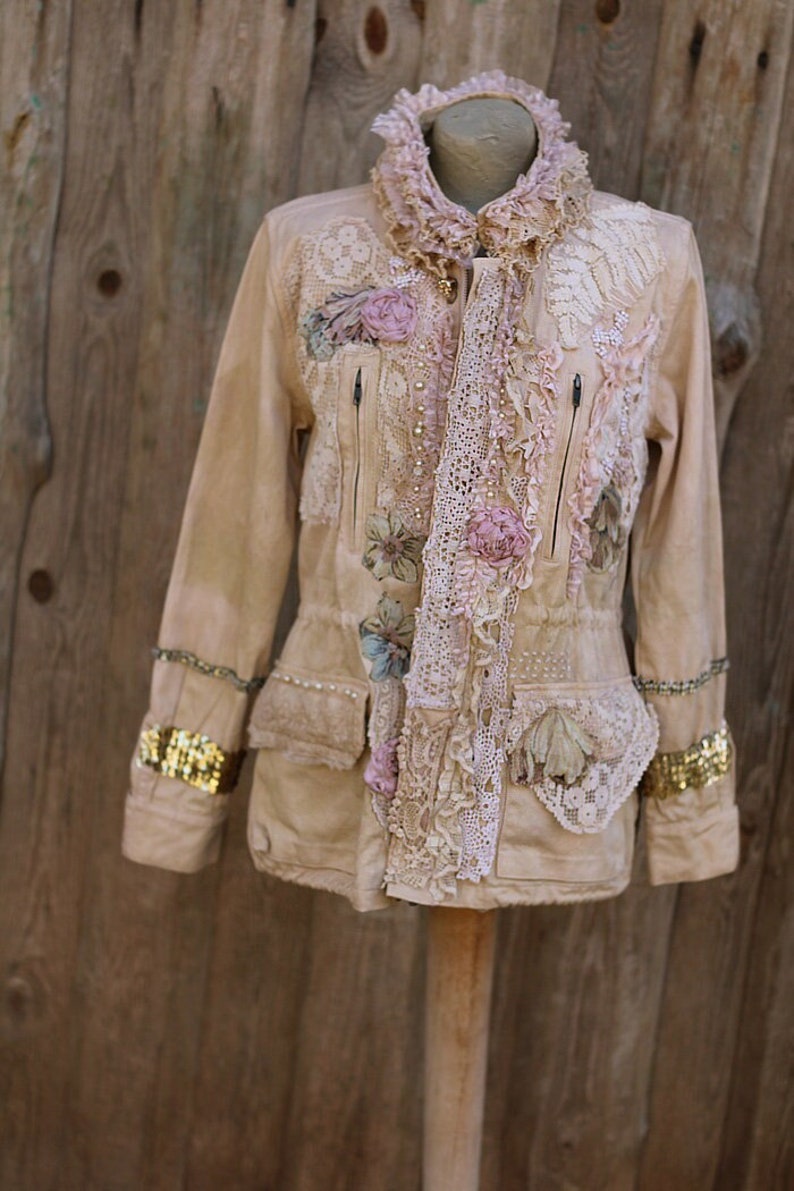 FleursBoheme artsy boho jacket Vintage collage hand dyed romantic altered couture, whimsy reworked jacket, gypsy romantic, embroidered image 2