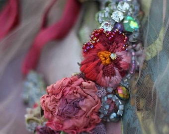 Embroidered Handcrafted Beaded Choker Headband: Boho Romantic Vintage Textile