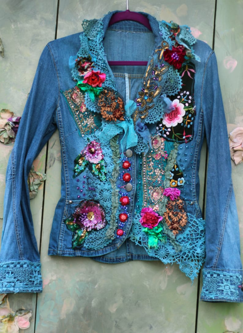 Rococo denim jacket bohemian romantic altered couture | Etsy