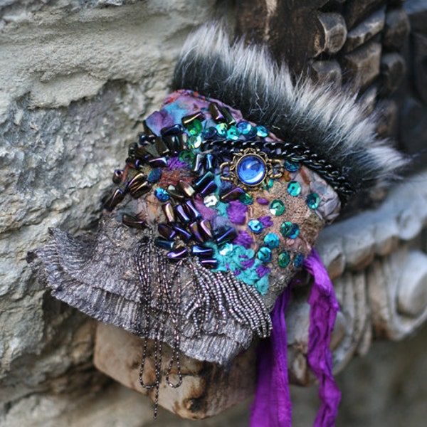 She Wolf, medieval fantasy influenced romantic wrist wrap from antique lace and nuno felt