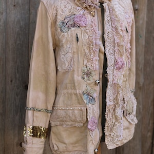 FleursBoheme artsy boho jacket Vintage collage hand dyed romantic altered couture, whimsy reworked jacket, gypsy romantic, embroidered image 7