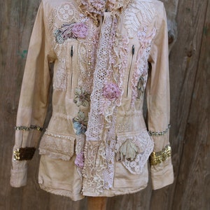 FleursBoheme artsy boho jacket Vintage collage hand dyed romantic altered couture, whimsy reworked jacket, gypsy romantic, embroidered image 4