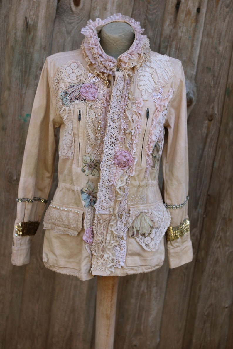 FleursBoheme artsy boho jacket Vintage collage hand dyed romantic altered couture, whimsy reworked jacket, gypsy romantic, embroidered image 4