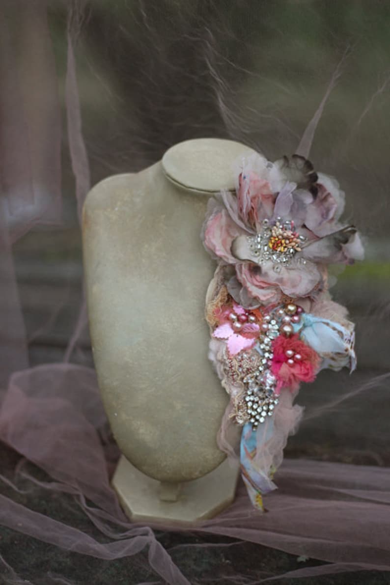 Vintage Peony corsage gift for her vintage lace mixed media embroidered and beaded brooch bold ornate brooch hand dyed silk