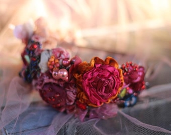 embroidered beaded wide headband  &quot;Summer& boho&quot; romantic floral tiara  with vintage and antique textiles, gift for her,