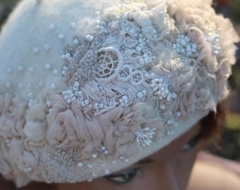 Embroidered Boho Beret: Beaded Lace, Silk Blossoms, crystals and Pearls