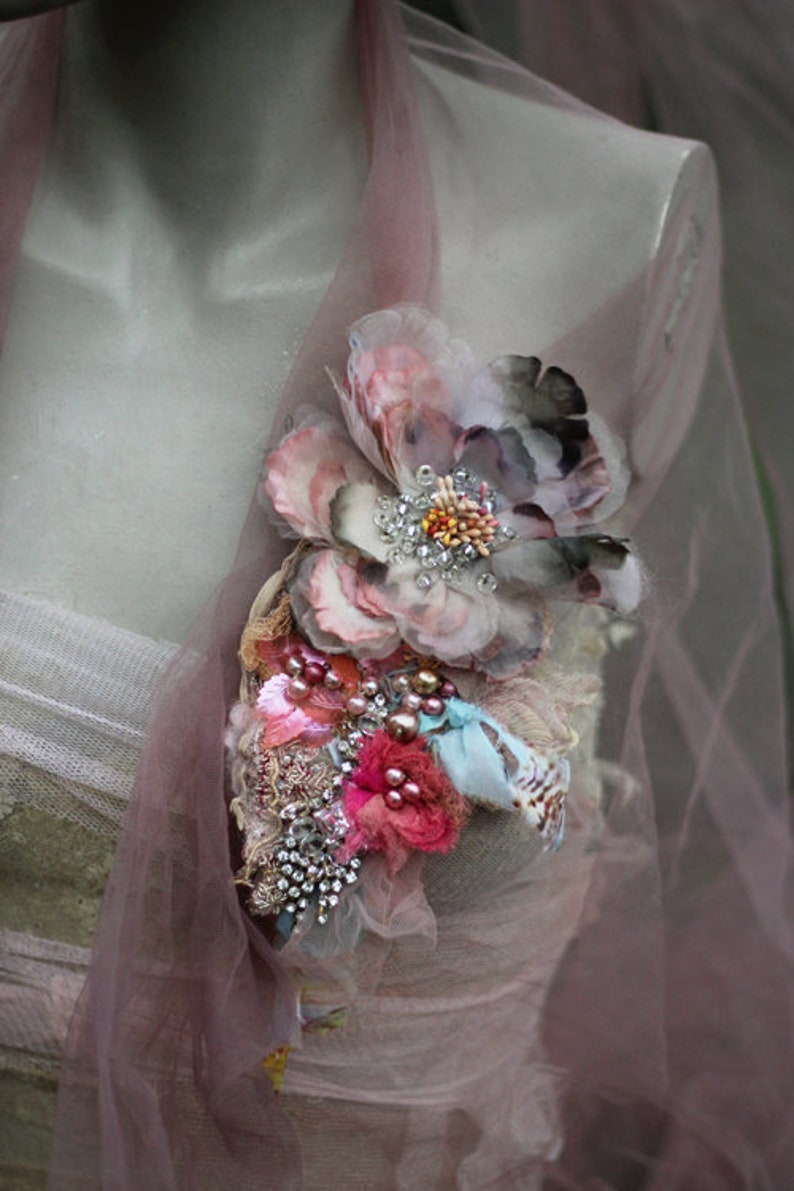 Vintage Peony corsage gift for her vintage lace mixed media embroidered and beaded brooch bold ornate brooch hand dyed silk