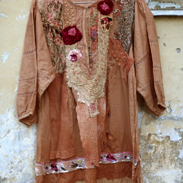 SALE--Cinnamon, bohemian romantic tunic, hand beaded and embroidered altered with antique laces, vintage trims