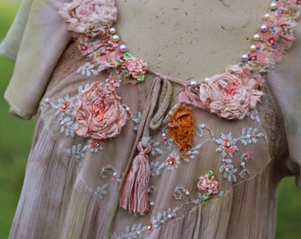 FleursBoheme artsy boho tunic/top "Peach roses" hand dyed romantic altered couture, whimsy reworked top, gypsy romantic, embroidered