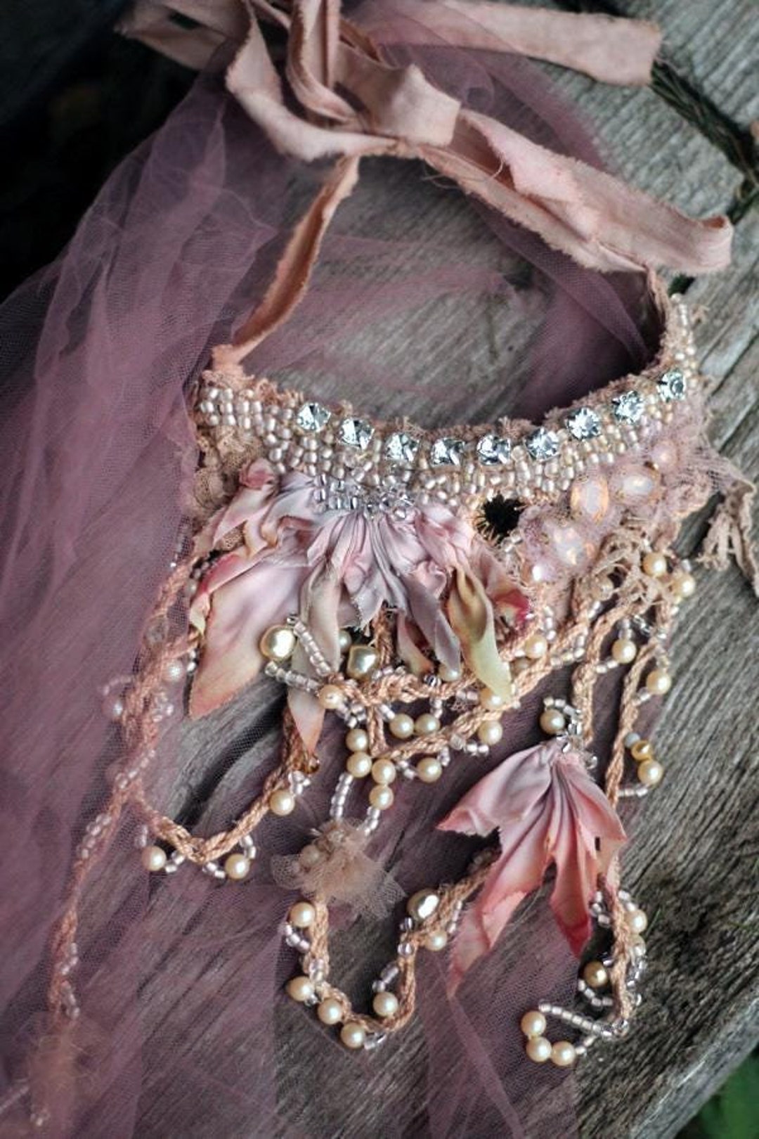 Layered Beaded Necklace tangled With Vintage Lace, Hand Beading