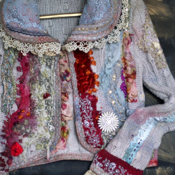 1700- romantic textile art jacket, nuno felted and hand embroidered details, silk , antique laces, mohair blend