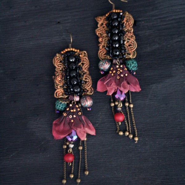 Shanghai , bold lightweight oriental earrings, hand beaded antique trims