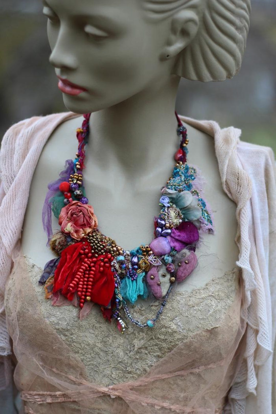 Light Textile Necklace "boho Summer" With Vintage Salvaged Textiles
