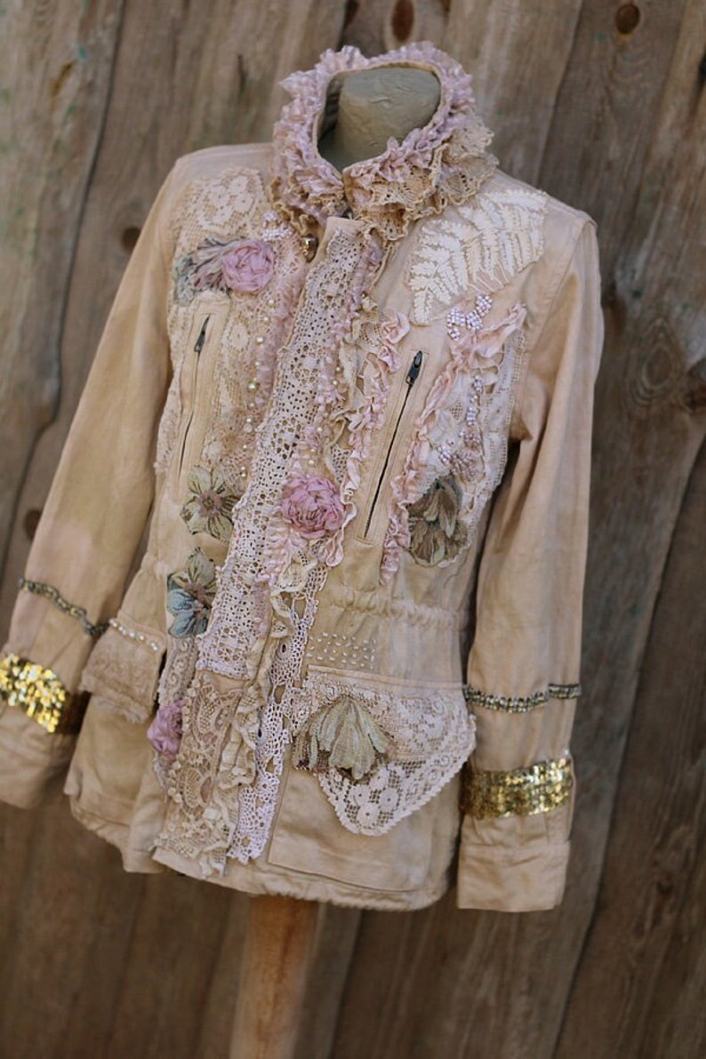 FleursBoheme artsy boho jacket Vintage collage hand dyed romantic altered couture, whimsy reworked jacket, gypsy romantic, embroidered image 1