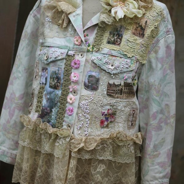 Boho Artsy Denim Jacket: Vintage Collage, Embroidered & Beaded, Oversized Fit