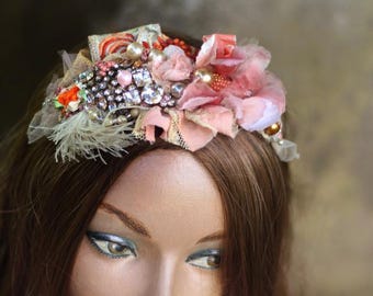 embroidered  beaded wide headband  &quot;Summer& boho&quot; romantic floral tiara  with vintage and antique textiles, gift for her,