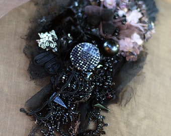 artsy oversize pendant necklace/brooch  "Victorian" with antique trims and lace, embroidered and beaded , mixed media