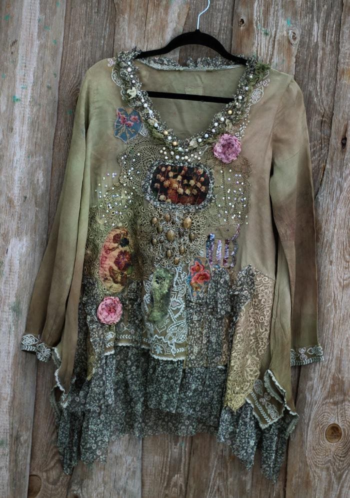 FleursBoheme boho top 'Woodland Spring" hand dyed embellished floaty top, boho romantic gypsy top, embroidered