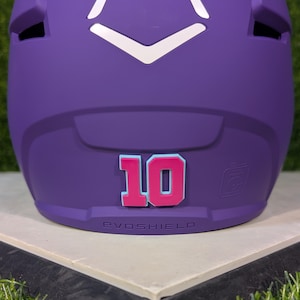 May include: A matte purple baseball helmet featuring a white chevron logo at the top. The back displays the number 10 in bright pink with a light blue outline. The word EVOSHIELD is embossed in the center at the bottom edge of the helmet shell.