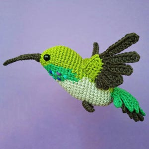 Può includere: Un colibrì all'uncinetto fatto a mano, con testa e dorso verdi, ventre bianco e verde e ali marrone scuro. Il lungo becco è scuro e la coda è verde brillante. Lo sfondo è viola. Un oggetto artigianale fatto a mano.