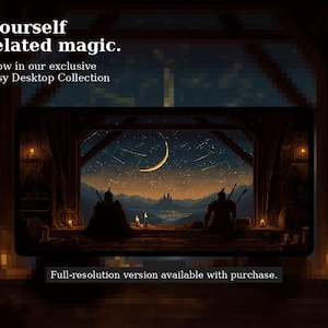 May include: A digital art piece featuring a dark fantasy scene with two figures silhouetted against a night sky with a crescent moon and stars. Text reads "Lose yourself in pixelated magic." and "Dark Fantasy Desktop Collection."
