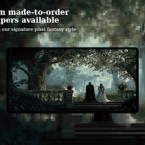 May include: A digital display shows a pixelated fantasy scene of a couple on a stone staircase, with text above that reads "Custom made-to-order wallpapers available". The scene is designed in a pixel fantasy style.