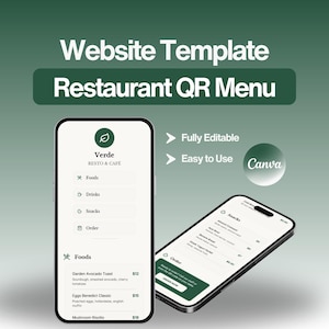 Op de afbeelding: Twee smartphones die een restaurant QR-menutemplate tonen. De schermen tonen menucategorieën zoals "Foods" en "Snacks". De tekst "Website Template Restaurant QR Menu" staat bovenaan. Het ontwerp bevat het Canva-logo en de woorden "Fully Editable" en "Easy to Use."