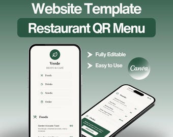 Editable QR Code Restaurant Menu Website Template for Canva, Digital Touchless Menu Café, Bar, Bistro, Food Truck Design