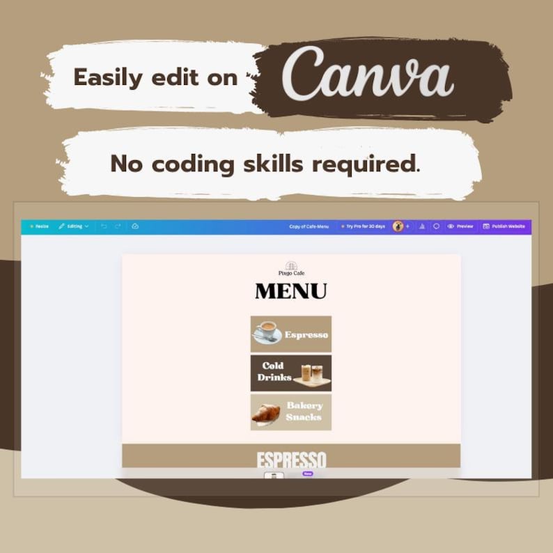 Cafe QR Menu Template, Canva Menu Design, Digital Cafe Menu, Editable ...