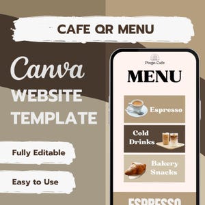 Può includere: Un modello di menu digitale per caffè su uno schermo di smartphone, con sezioni per espresso, bevande fredde e snack da forno. Il design include il testo "CAFE QR MENU" e "Canva WEBSITE TEMPLATE."