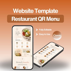 May include: A digital website template for a restaurant QR menu displayed on two smartphones. The interface features the text Verde Brunch Cafe and Brunch Snacks with food imagery. The design includes the Canva logo and text Fully Editable.
