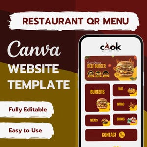 Sitio web de menú QR para restaurante, diseño de menú en Canva, menú digital, menú sin contacto, menú con código QR editable, plantilla moderna para restaurante