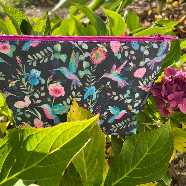 Hummingbird Print Lined Gussetted Zipper Bag ready to ship